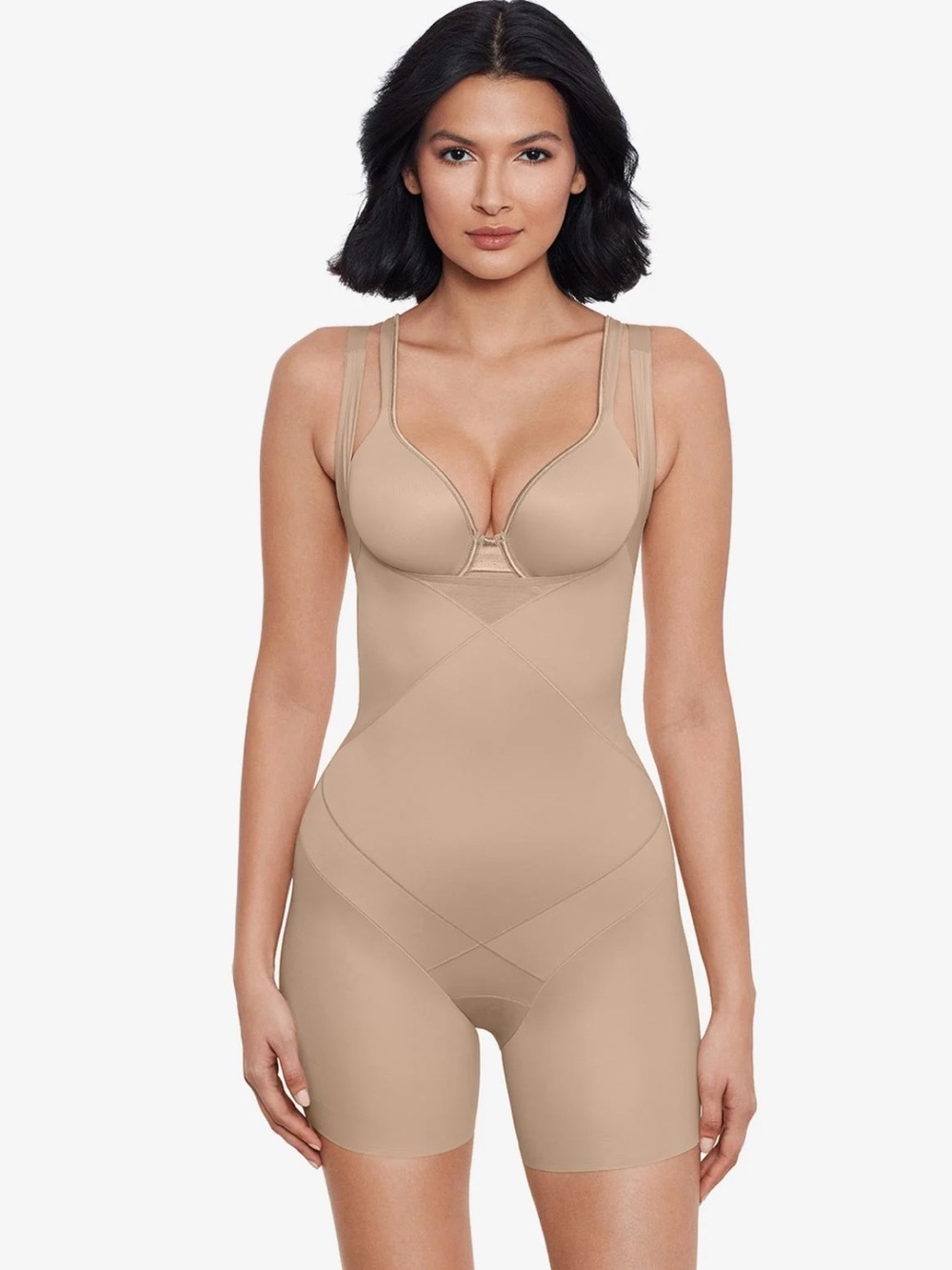 Miraclesuit Instant Tummy Tuck! Open Bust Mid-Thigh Bodysuit Large in Warm Beige